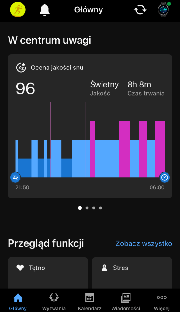 Aplikacja Garmin Connect, ekran główny